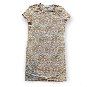 Michael Kors White and Tan Ikat Print Short Sleeved Mini Dress S